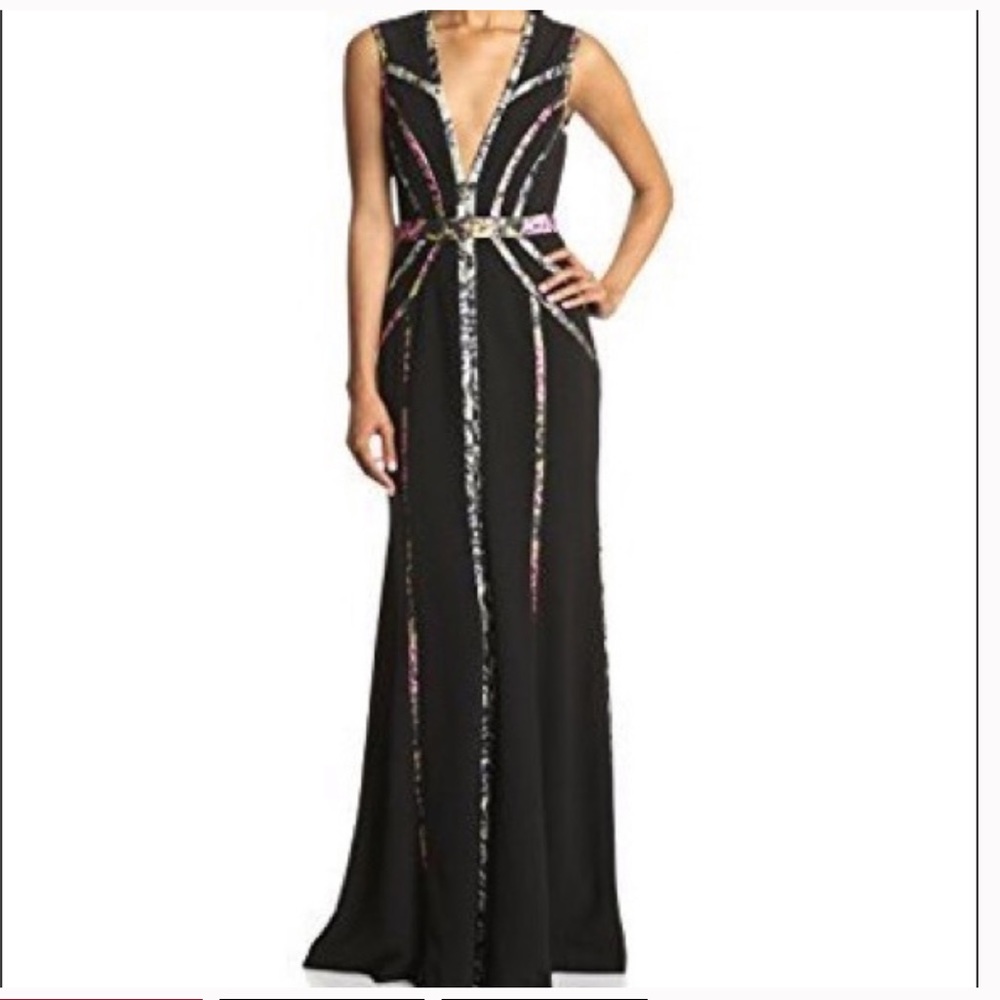 BCBGMaxAzria Black Maxi Dress with Metallic and Pink Details